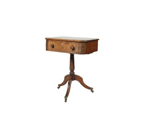 A GEORGE IV MAHOGANY RECTANGULAR WORK TABLE with single frieze drawer, having brass mounts and raised on centre pillar tripod