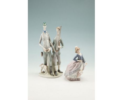 A LLADRO STYLE FIGURAL PORCELAIN GROUP MODELLED AS HUNTERS WITH DOG BY THEIR FEET, and another modelled as a young girl (2)