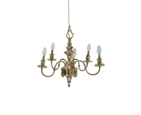 A MODERN BRASS FIVE LIGHT ELECTROLIER, the circular stem having plain 'S' branches, 48cm long, together with a pair of matchi