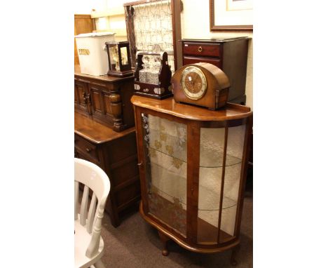 Walnut china cabinet,Two bottle tantalus, walnut mantel clock, anniversary clock and enamel bread bin