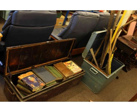 Tin trunk containing books and tin trunk with tools, scythe, etc