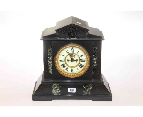 Victorian polished slate and marble mantel clock, with two-train movement