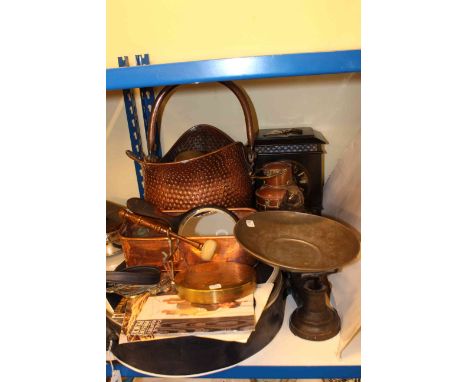 Victorian marble clock, kitchen scales and weights, copper and brass, furs, etc