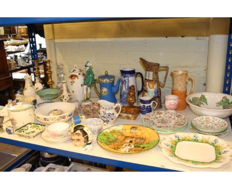 Collection of assorted china including Poole, Minton Haddon Hall, Royal Doulton etc, pair of brass candlesticks, glass decant