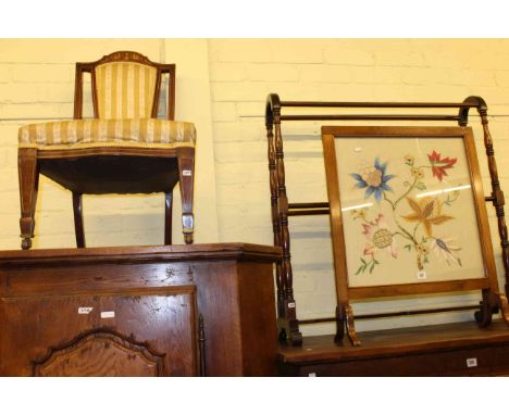 Oak framed needlework firescreen, four bar mahogany towel rail, Victorian inlaid rosewood nursing chair, medium oak two drawe