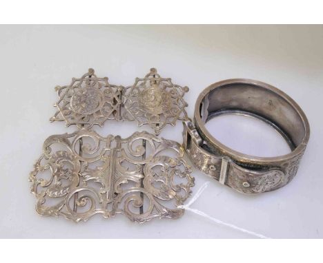 Silver bangle and two silver buckles