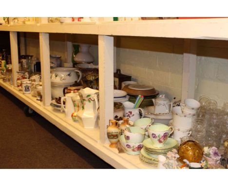 Full shelf of glass, china, brass, metalwares, pictures, lamps, clock, etc