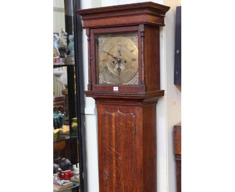 Antique oak eight day longcase clock having square brass dial inscribed Josh Marshall. Leicester