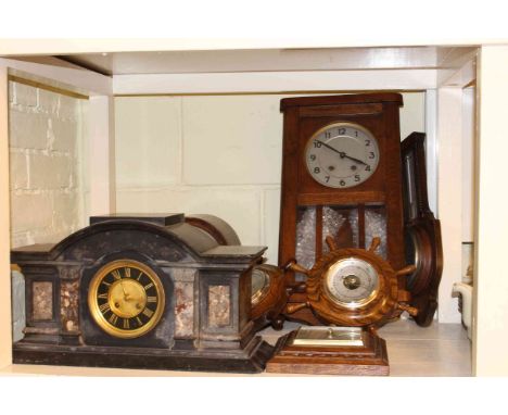 Victorian slate and marble clock, two oak mental clocks, oak wall clock and four barometers