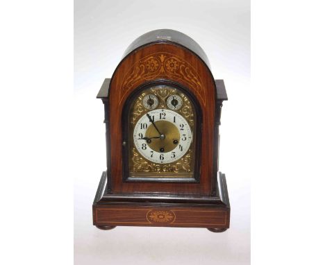 Late Victorian inlaid rosewood table clock with chiming three train movement