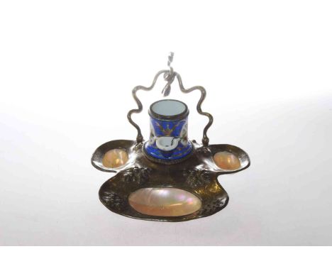 19th Century brass, porcelain and mother-of-pearl inkwell