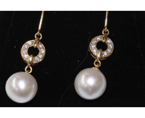 Pair of 18 carat gold, cultured pearl and diamond earrings