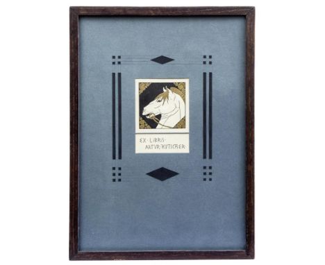 Jugendstil-Exlibris für Artur Kutscher München, um 1910 Gezäumter Pferdkopf, Mähne und Zwickel goldgehöht. Radierung. Sichtma