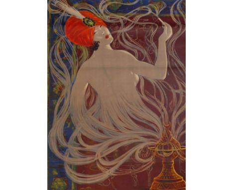Stephano Art-Déco-Plakat "Cigarettes Saphir" Weiblicher, rauchender, von Zigarettenrauchumhüllter Flaschengeist entsteigt ein