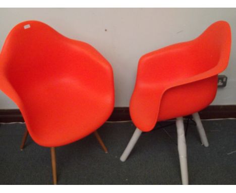 Eames Orange plastic bucket chairs x 2 (1 slightly scuffed cushion will hide) -eames?
