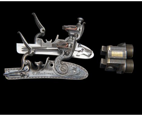 EX W. KEITH NEAL: T. MORTIMER, LONDONA RARE CASED 16-BORE DOUBLE-BARRELLED SPORTING-GUN WITH FLINT & PERCUSSION LOCKS, serial