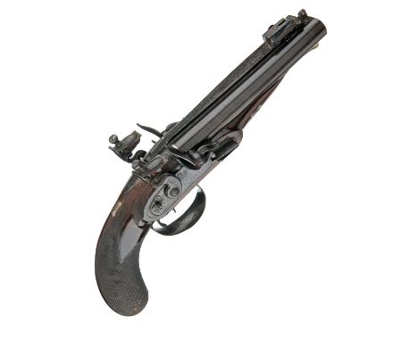 AN IMPRESSIVE 20-BORE FLINTLOCK DOUBLE-BARRELLED CARRIAGE-PISTOL WITH SPRUNG BAYONET SIGNED 'NUNN', no visible serial number,