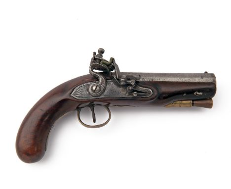 A 16-BORE FLINTLOCK MANSTOPPER OVERCOAT PISTOL SIGNED 'GRAY', no visible serial number,circa 1800, with octagonal 4 1/2in. ba