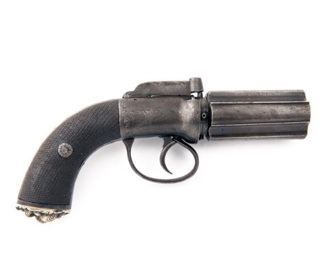 A SCARCE 100-BORE PERCUSSION FOUR-SHOT PEPPERBOX REVOLVER, UNSIGNED, serial no. 388,English circa 1840, with moulded 3in. bar