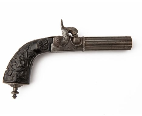 A 12-BORE PERCUSSION SIDE-HAMMER POCKET MANSTOPPER PISTOL, UNSIGNED, no visible serial number,Belgian circa 1835, with reeded