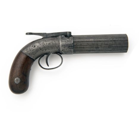 STOCKING, USAA RARE .28 PERCUSSION SIX-SHOT SINGLE-ACTION PEPPERBOX REVOLVER, no visible serial number,circa 1850, with ribbe