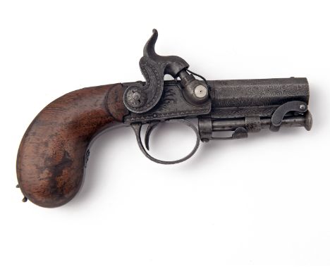W. & J. RIGBY, DUBLINA RARE 80-BORE PERCUSSION SIDE-HAMMER MUFF-PISTOL WITH BUTT MAGAZINE, no visible serial number,circa 182