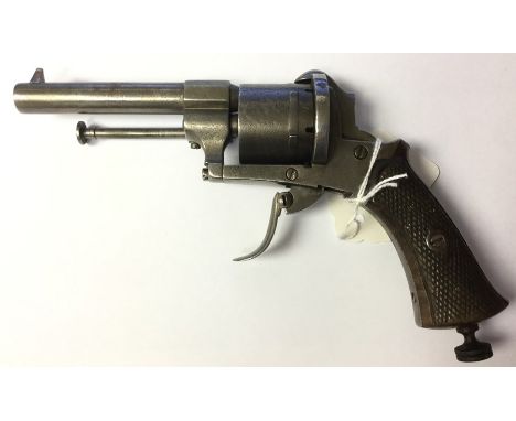 Belgian made Pin Fire revolver. No serial number. Approx 9mm bore. 85mm long barrel. Folding trigger. Action a/f. Loading gat
