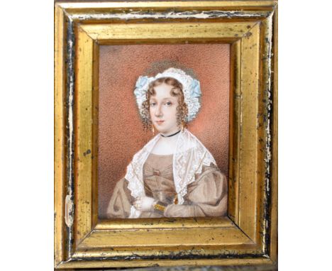   English School (19th Century), Portrait of a Woman wearing Lace Bonnet, portrait miniature, 12 x 9cm