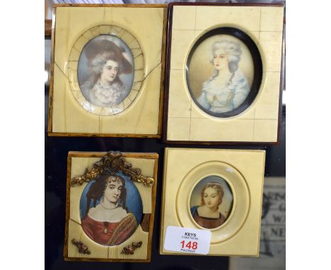   A Dinet (20th Century), Portrait of a Seated Lady, portrait miniature, 7 x 6cm, together with 3 reproduction portrait minia