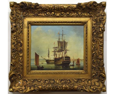 Brian Coole (Born 1939), First Rate Ship of the Line in Portsmouth Harbour, oil on panel , signed lower right, 22 x 27cm