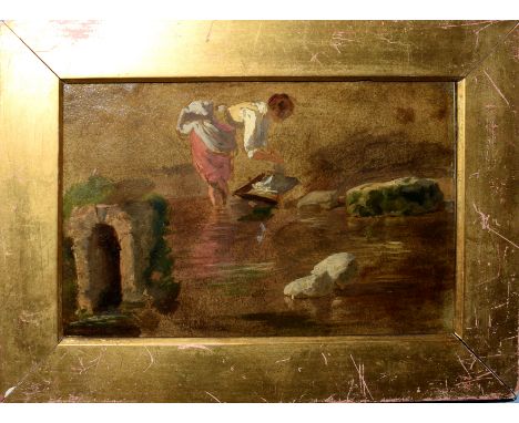   English School (19th Century), River Scene with Washerwoman, oil sketch on board, 15 x 22cm