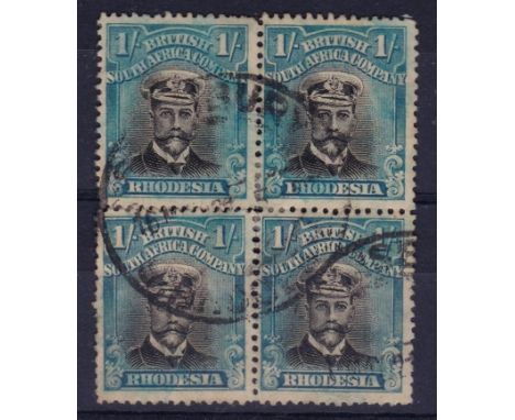 Rhodesia 1913 - 19 1/- black and turquoise - blue, perf 14 SG233 - fine used block of four, an attractive item.
