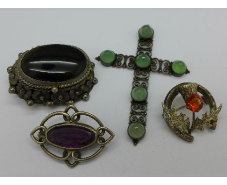 A Charles Horner silver brooch, a sterling silver thistle brooch, a stone set brooch/pendant or pill box and a cross pendant