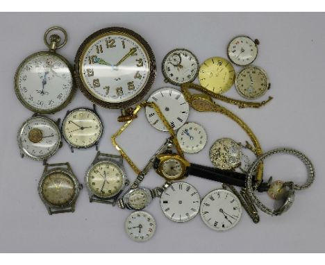 An 8-day clock, stop watch, watches and watch movements