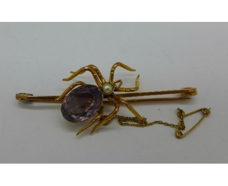 A 9ct gold, amethyst and seed pearl spider brooch, 7.1g