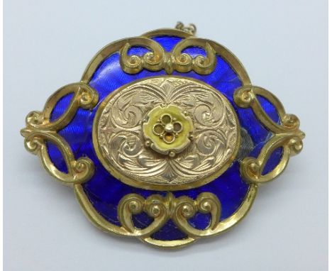 A Victorian gold plated and enamel memorial brooch, a/f, with inscription dated 1859