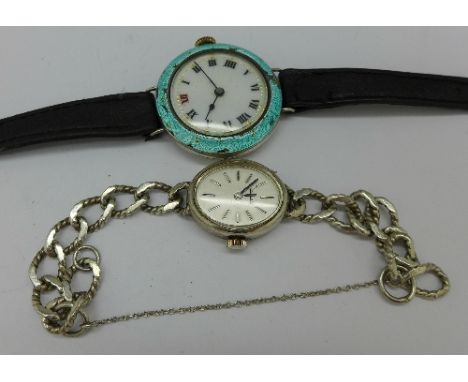 Two lady's silver wristwatches, enamel a/f