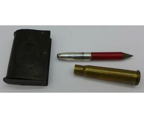 A Bakelite Edward VII vesta case, a/f and a shell casing pencil holder