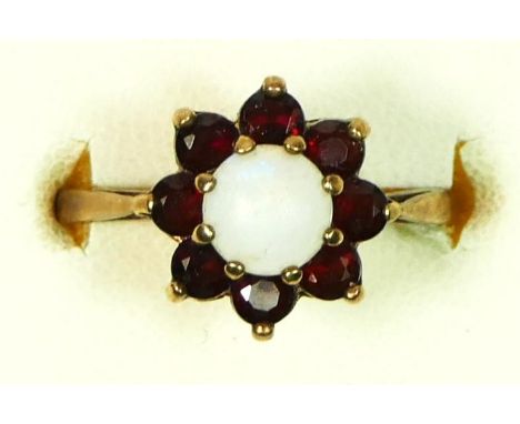 A 9ct gold opal and garnet cluster ring, M, 2.7gm 