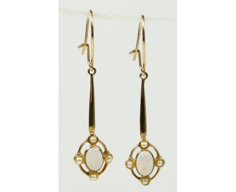 A 9ct gold pair of opal and half pearl ear pendants, 28mm, 2.2gm 