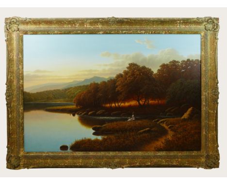 After Alan Dinsdale (b.1939), Girl Sat By Lake, over painted print on canvas, 74 x 50cm. 