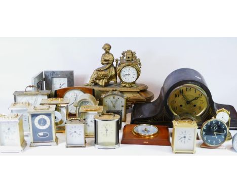 Two boxes of mid 20th century and later clocks, to include traveling alarm clocks, quartz miniature novelty and manual wind m