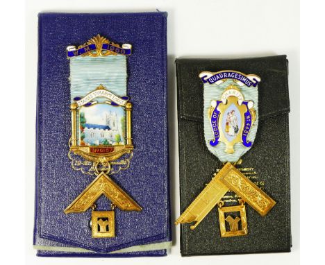 A silver gilt and enamel Staines St.Marys Lodge masonic medal and a similar Lodge of Quadragesimus medal, 77gm 