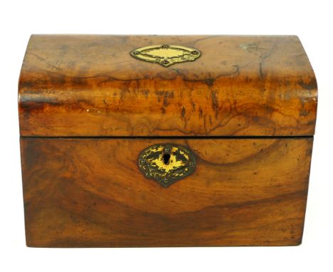 A Victorian burr walnut tea caddy with domed hinged lid, opening to reveal two compartments with covers and brass handles, ly