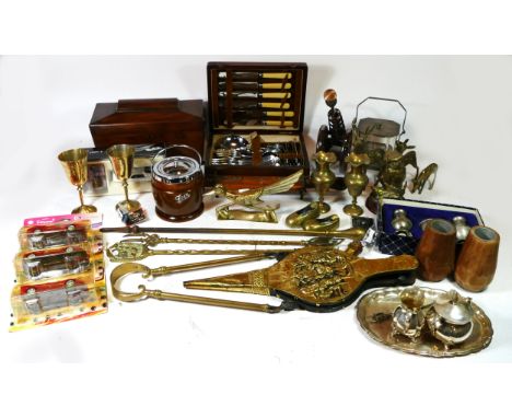 A collection of brassware, plateware and other items to include fireside irons, plated condiment set, brass goblets, a cantee