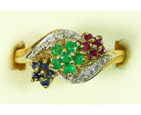 A 9ct gold, ruby, emerald, sapphire and diamond triple cluster ring, O, 2.6gm 