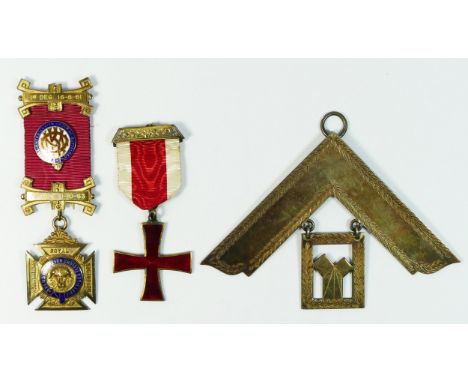 A large silver gilt Masonic jewel, Lodge of Charity, no. 4431, 1945, a Knights Templar silver gilt and enamel jewel and a RAO