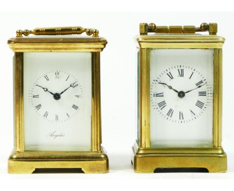 An English miniature brass carriage clock, with 8 day movement, together with an unnamed example. 8cm tall (spares or repair)