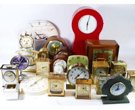 A collection of carriage clocks and anniversary clocks, together with a selection of wall barometers, Circa 1950s - 1980s, ha