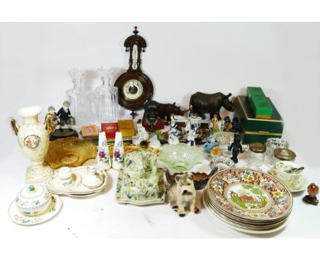 Two Masons Ironstone lamp bases, boxed. A Masons Ironstone jug and carriage clock, candle sticks, bowl and plate, together wi